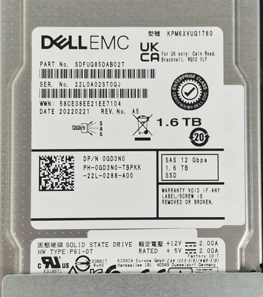 Dell 1.6TB SAS 12G MU 2.5" SFF SSD KPM6XVUG1T60 GD3N0 + 12/13th Gen Caddy