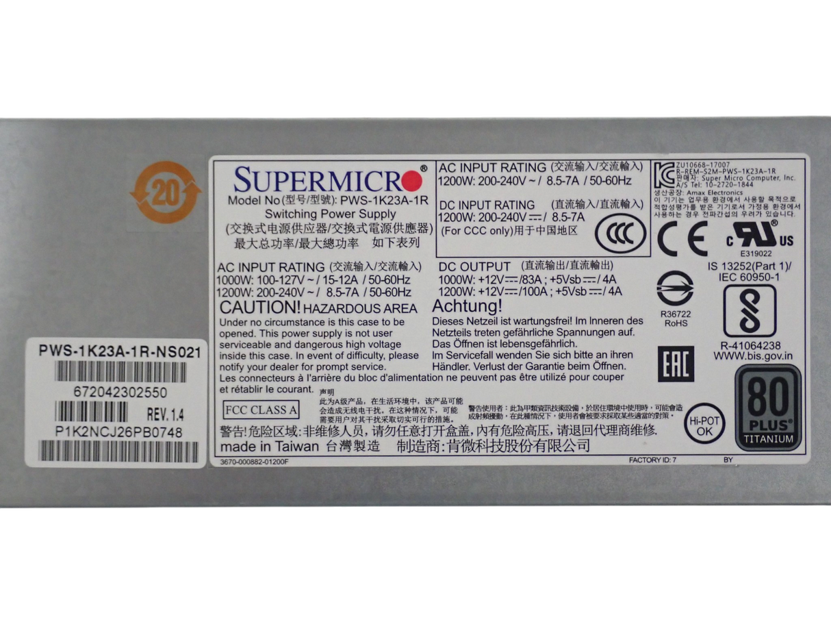 Supermicro PWS-1K23A-1R 1200W 80-Plus Titanium Hot-Swap 1U Server Power Supply