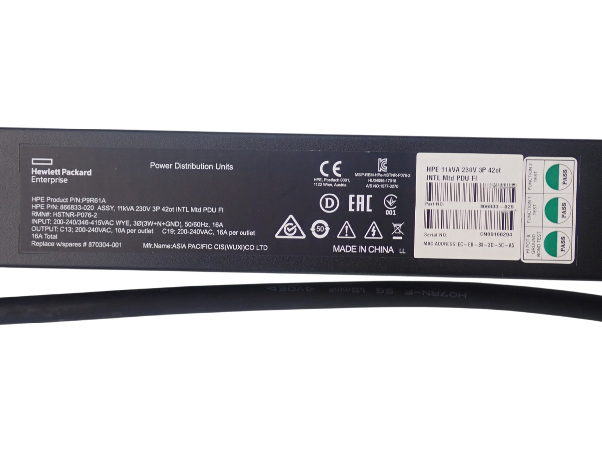 HPE G2 P9R61A 36xC13 6xC19 11kVA 3-Phase 16A Metered Monitored 230V Rack PDU