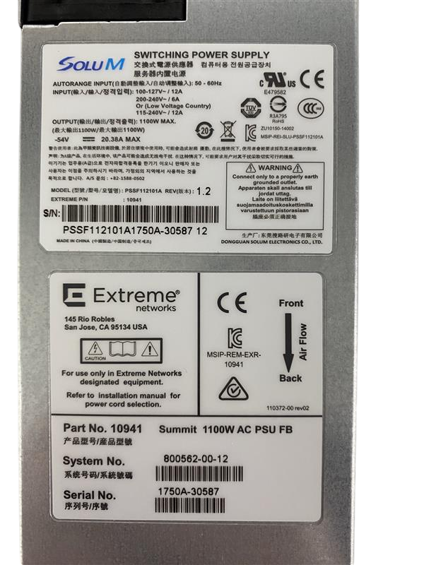 Extreme Networks Summit 1100W AC F2B PSU 10941 800562-00-12 For X450-G2 X460-G2