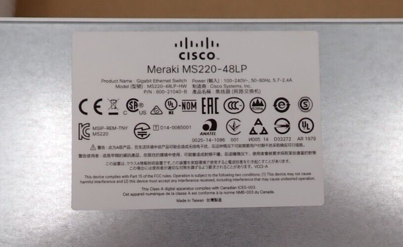NEW Cisco Meraki MS220-48LP-HW 48x 1GE POE+ 4x 1G SFP 1U Cloud Switch UNCLAIMED