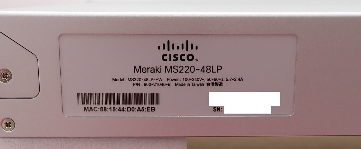 NEW Cisco Meraki MS220-48LP-HW 48x 1GE POE+ 4x 1G SFP 1U Cloud Switch UNCLAIMED