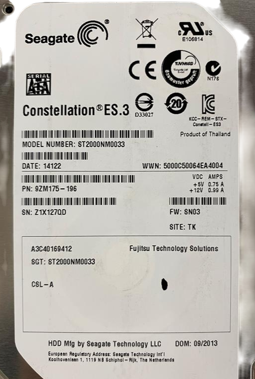 Fujitsu 2TB 7.2K SATA 6G LFF 3.5" Enterprise HDD Hot Swap S26361-F3670-L200