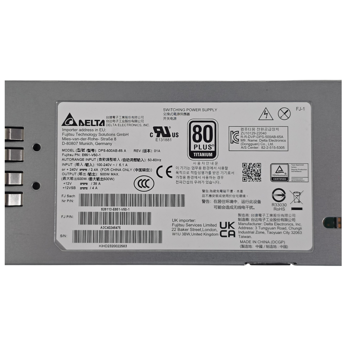 NEW Fujitsu RX1330 M6 500W Titanium Hot-Plug PSU Power Supply S26361-E651-V50