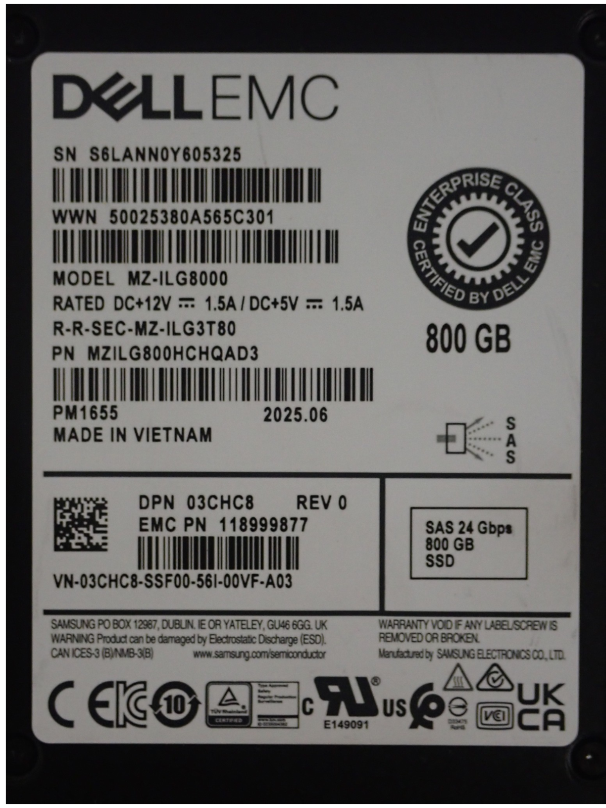 New Dell 800GB SAS-4 24G Mixed-Use 2.5" SSD MZ-ILG8000 In 14th/17th Caddy 3CHC8