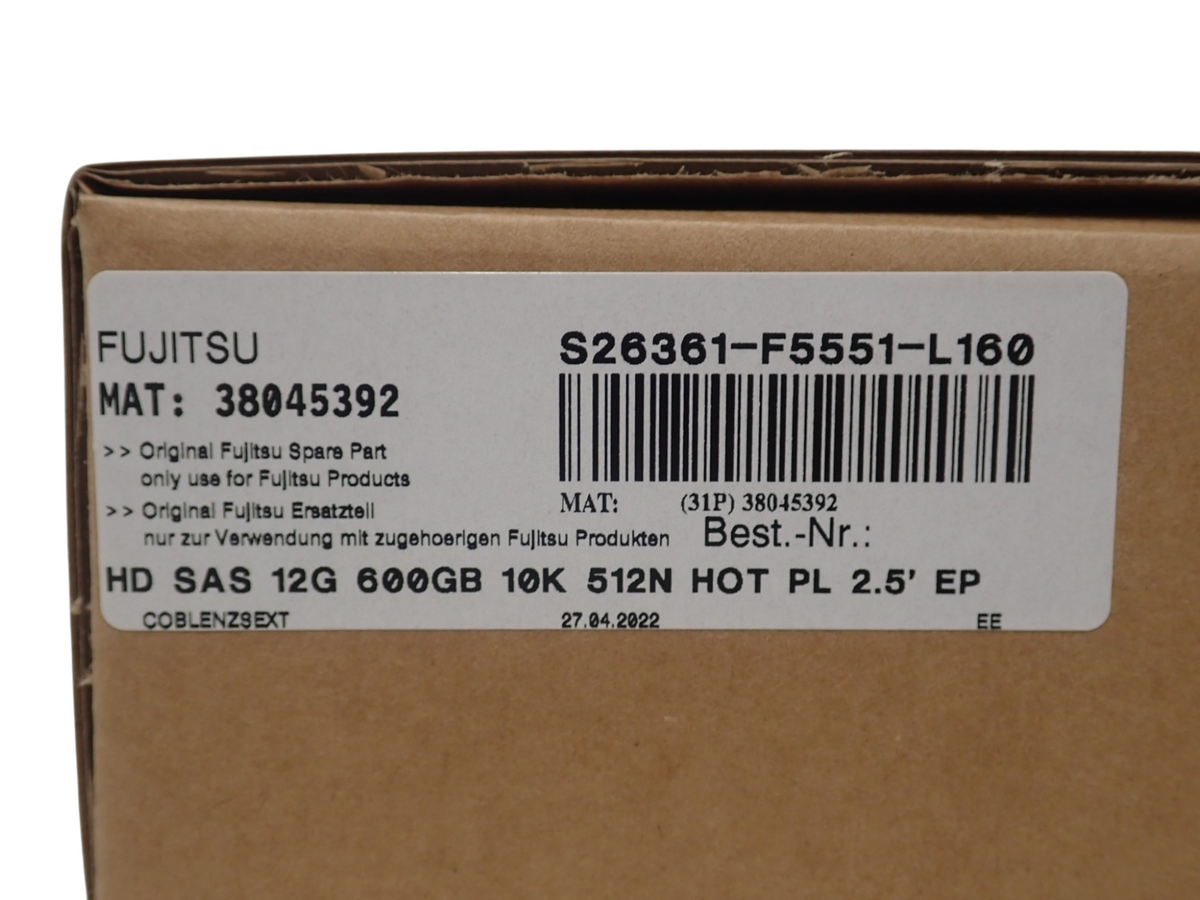 NEW Fujitsu 600 GB SAS 12G 10k 2.5" Hot-Plug HDD Hard Drive S26361-F5551-L160