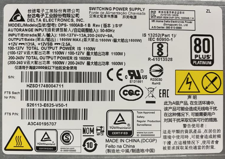 Fujitsu RX4770 M5 1600W Hot-Plug PSU Power Supply A3C40195707 S26113-E625-V50-1