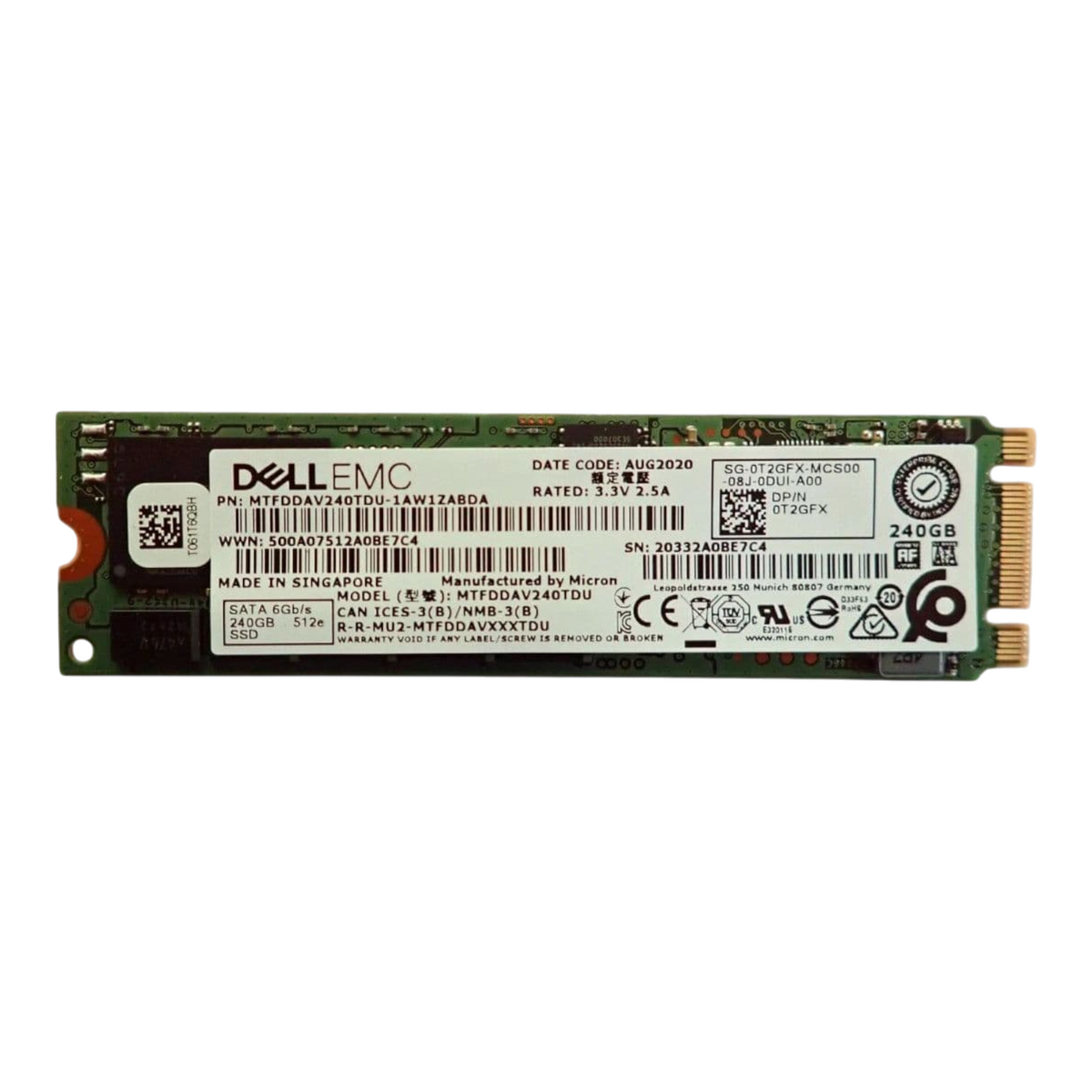 Dell 240GB M.2 SATA 6G 512e Solid State Drive SSD 0T2GFX T2GFX MTFDDAV240TDU