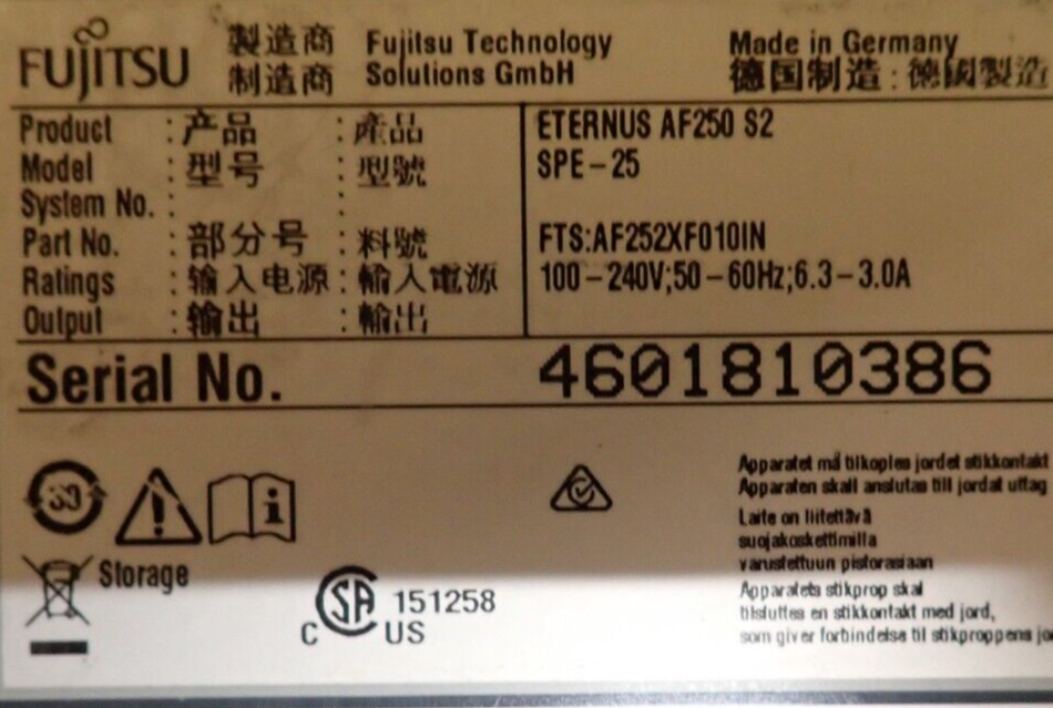 Fujitsu FTS:AF252XF010IN ETERNUS AF250 S2 Dual 16Gb FC Controller 24x 2.5" Bay