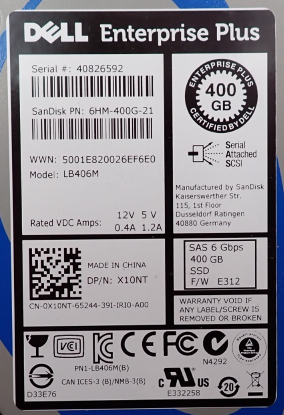 Dell 400GB SAS 6G MU 2.5" Enterprise Plus SSD LB406M X10NT + 12/13th Gen Caddy