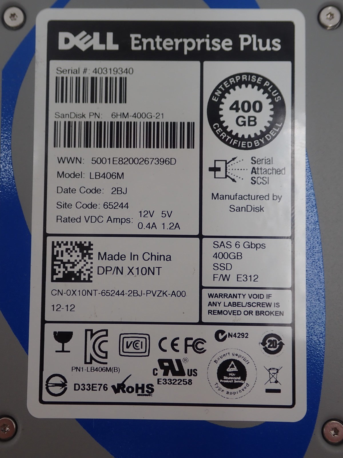 Dell Equallogic 400GB SAS 6G Mixed Use 2.5" Enterprise Plus SSD LB406M X10NT
