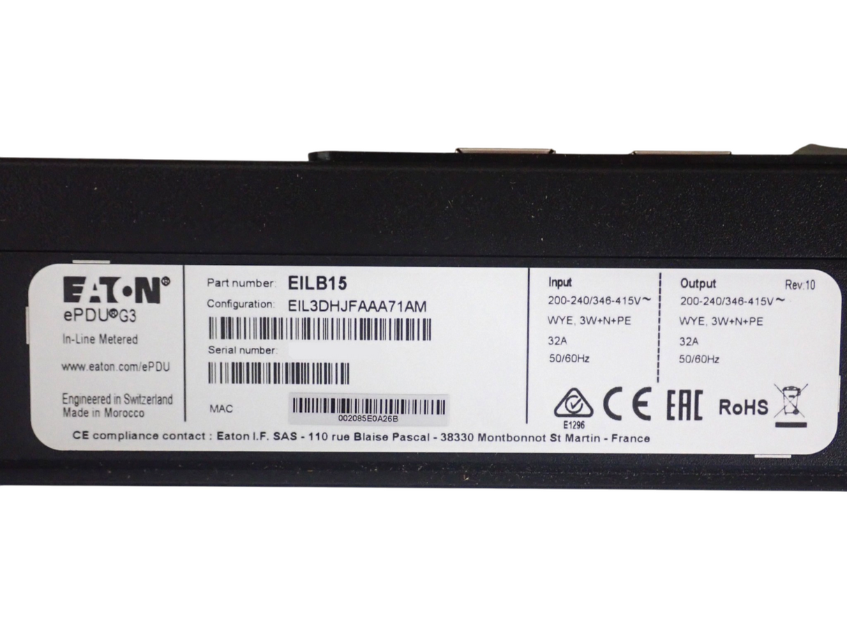 NEW Eaton G3+ EILB15 IEC-60309 32A 3Ph 22kW 346-415V In-Line Metered Rack PDU