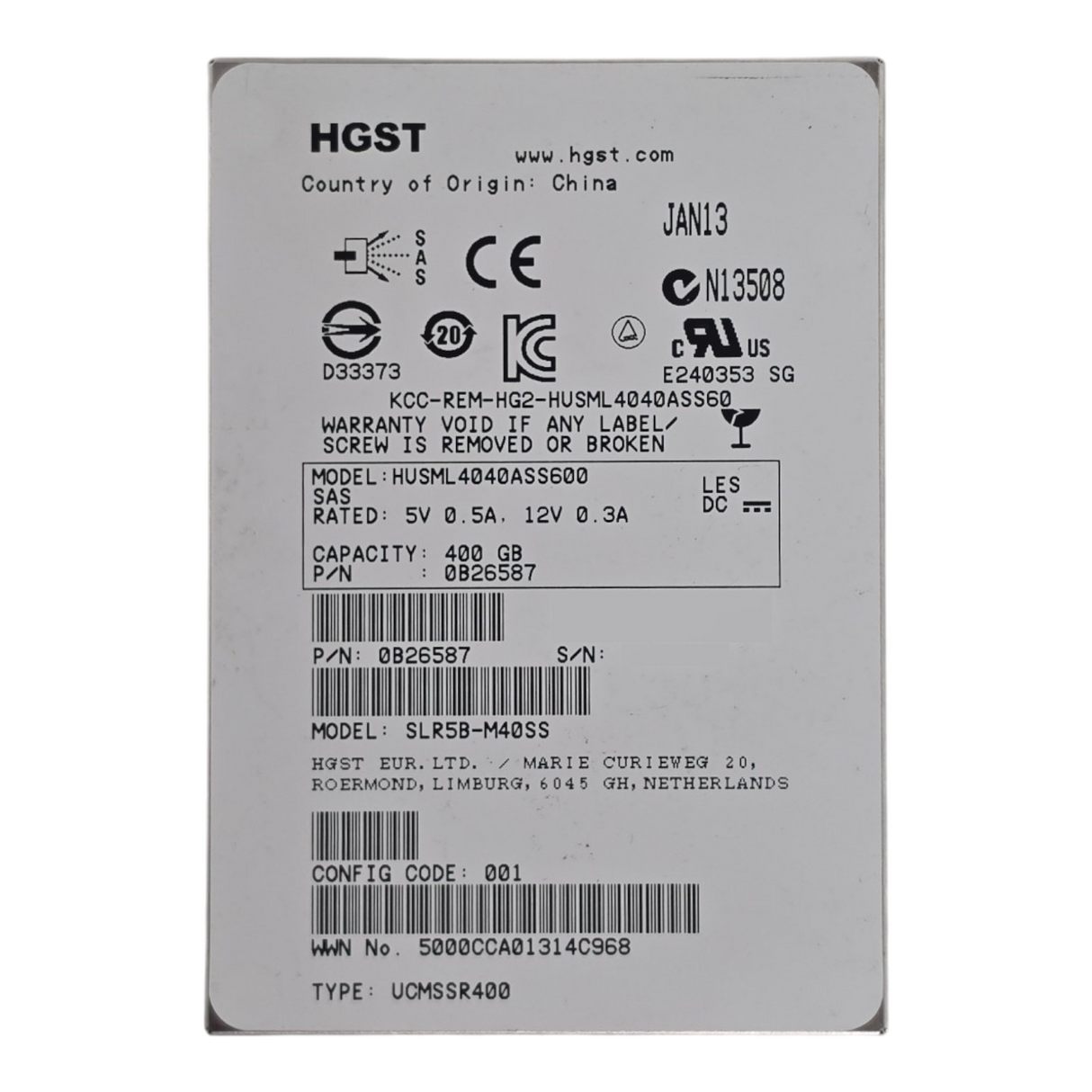 Hitachi HGST Ultrastar HUSML4040ASS600 400GB 6G SAS MLC WI 2.5" SFF SSD 0B26587
