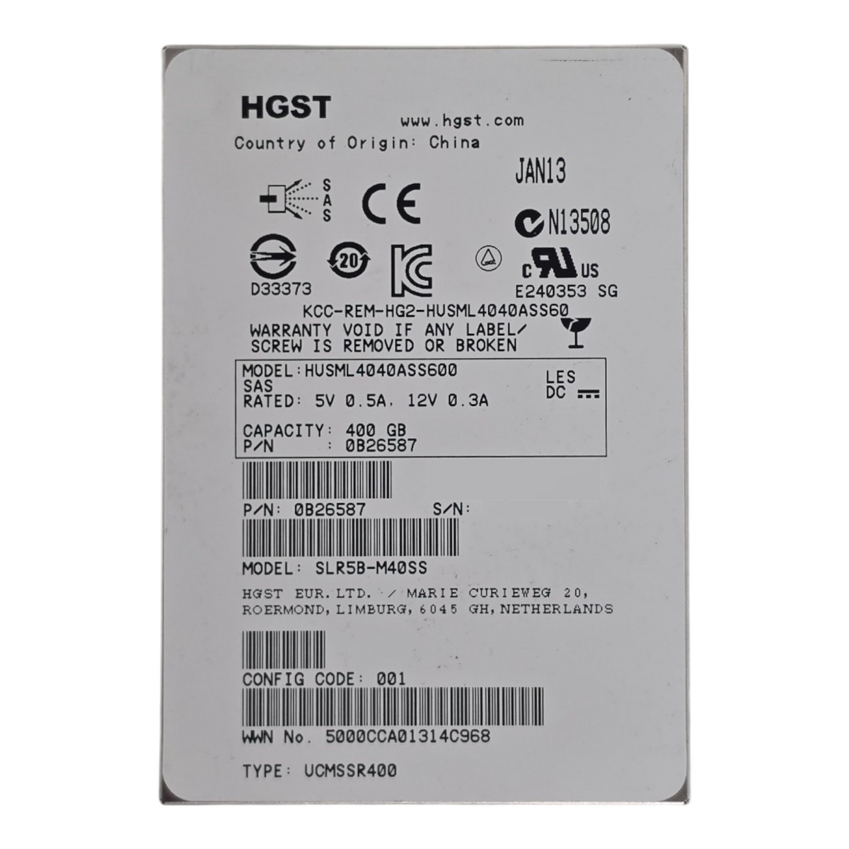 Hitachi HGST Ultrastar HUSML4040ASS600 400GB 6G SAS MLC WI 2.5" SFF SSD 0B26587
