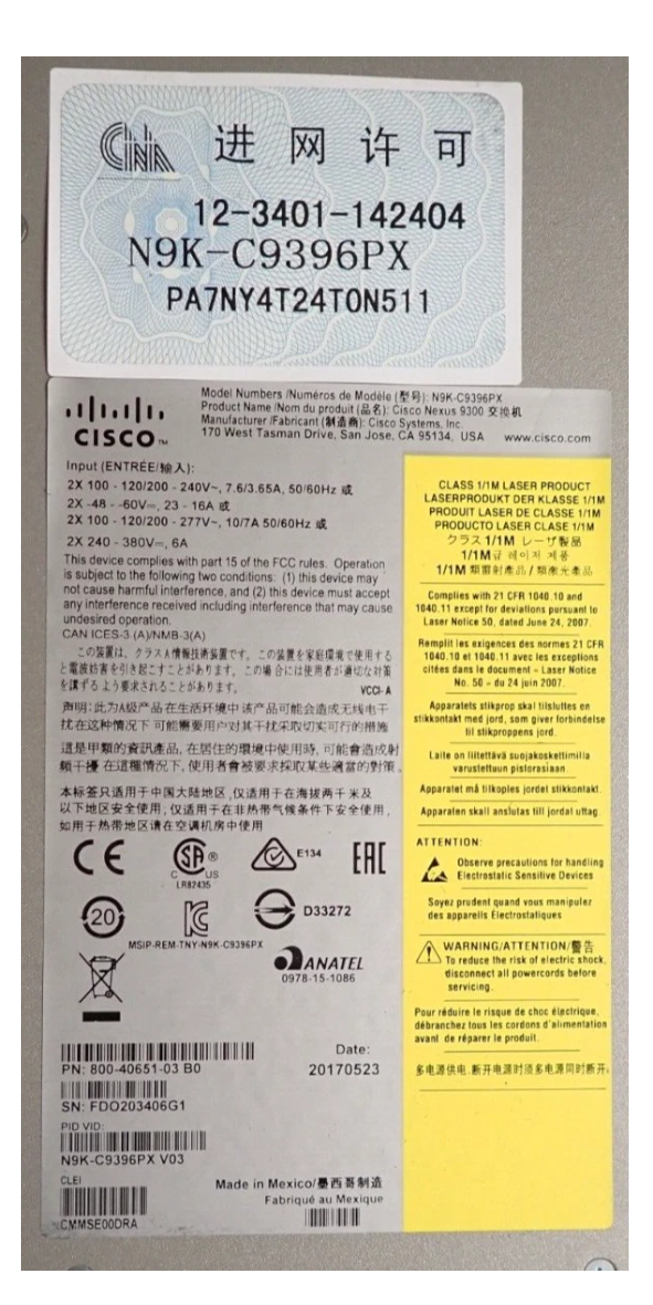 Cisco Nexus 9396PX N9K-C9396PX 48x 1/10GE SFP+ + N9K-M12PQ 12x 40GE QSFP Switch