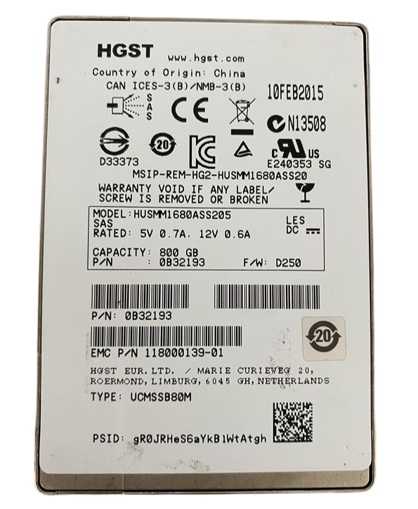 Hitachi HGST 800GB 12G SAS MLC 2.5" SFF SSD HUSMM1680ASS205 0B32193