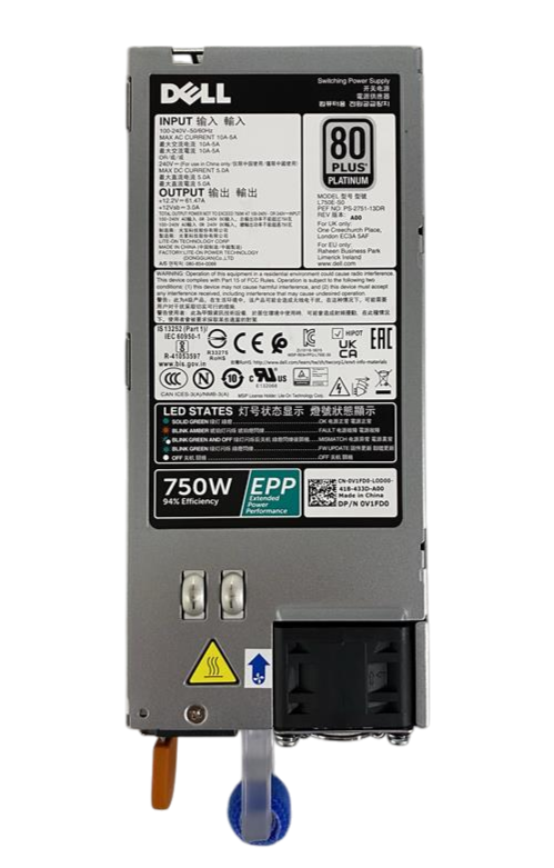 New Dell 750W EPP Reverse Airflow 80Plus Platinum PSU V1FD0 For S52xx-ON Series