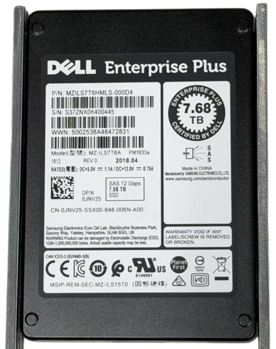 Dell Compellent Enterprise Plus 7.68TB SAS 12G RI 2.5" SSD MZ-ILS7T6A JNV25 CQN3