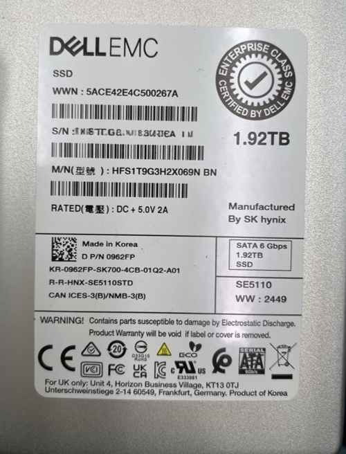NEW Dell 1.92TB 6G SATA RI TLC 2.5" SFF SSD with Caddy - 962FP 0962FP