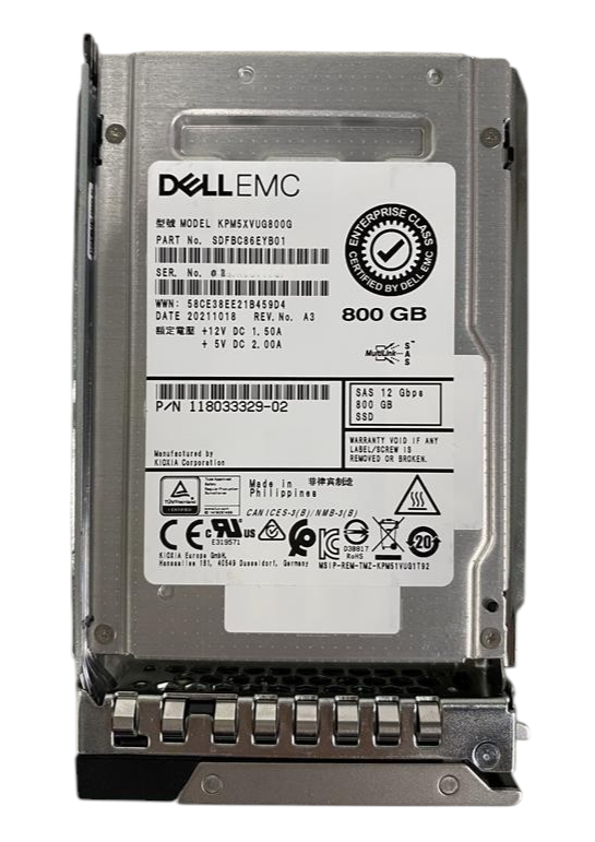 Dell EMC 800GB 12G SAS MU TLC 512e 2.5" SSD + Caddy 118033329-02 KPM5XVUG800G