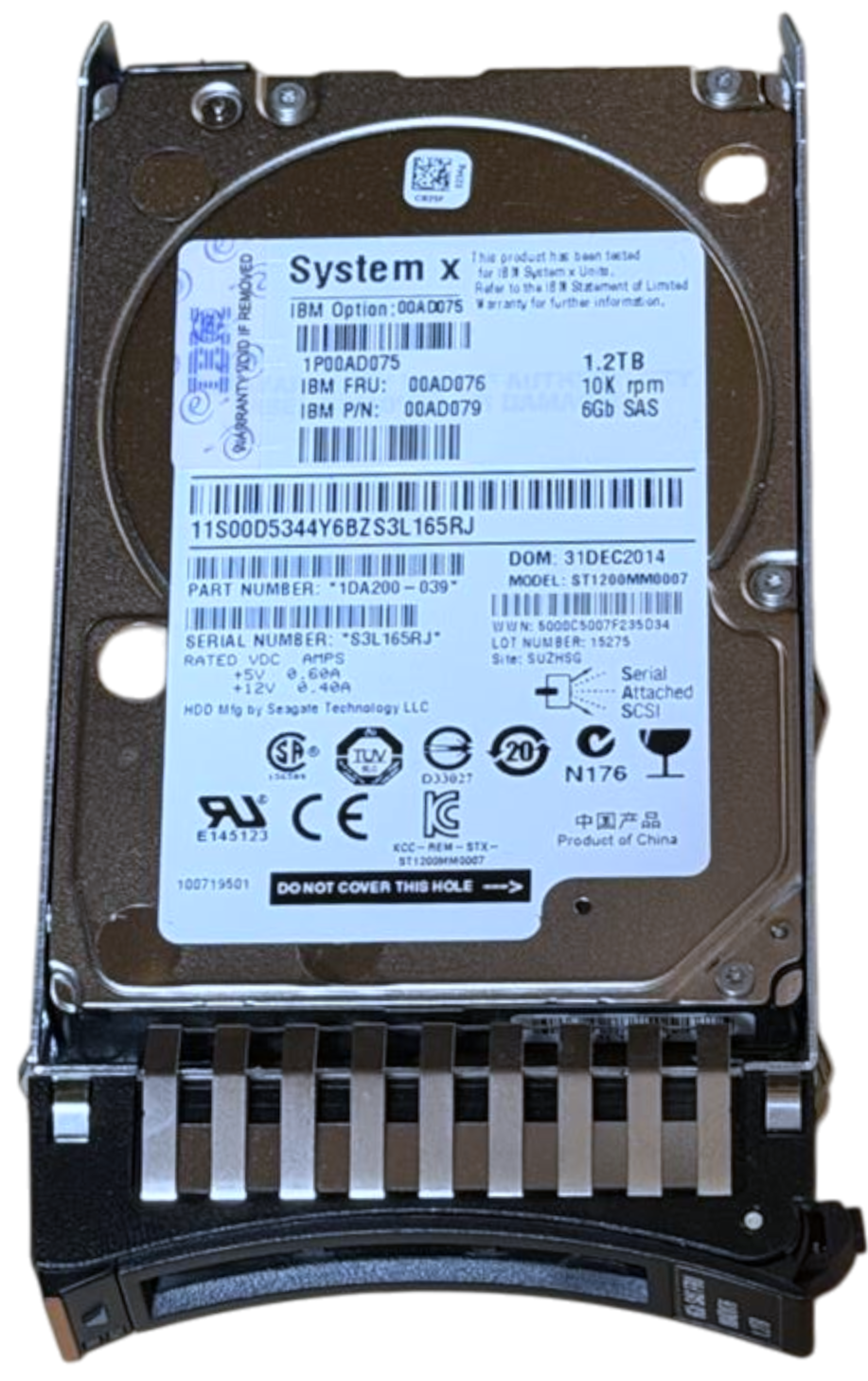 IBM System X 1.2TB 10K SAS 12G Enterprise Class Hot Swap 2.5" HDD 00AD076