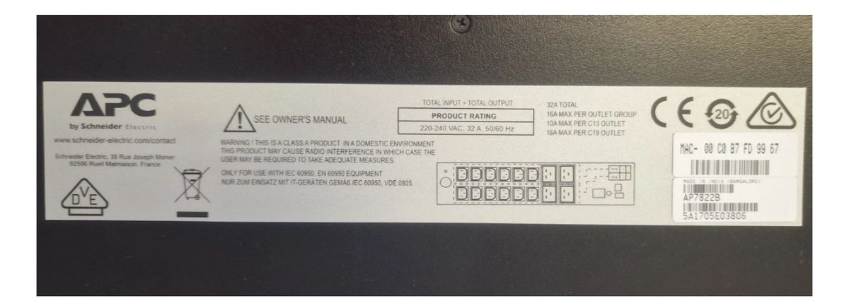 APC AP7822B 16-Way 12x C13 4x C19 Outlet 2U Rackmount 32A 1PH Metered PDU