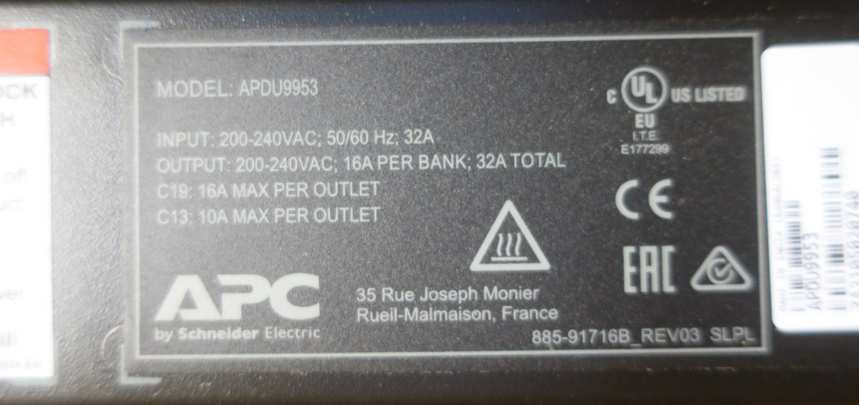 APC APDU9953 9000 Series 21x C13 3x C19 Switched 1PH 32A 230V ZeroU Rack PDU