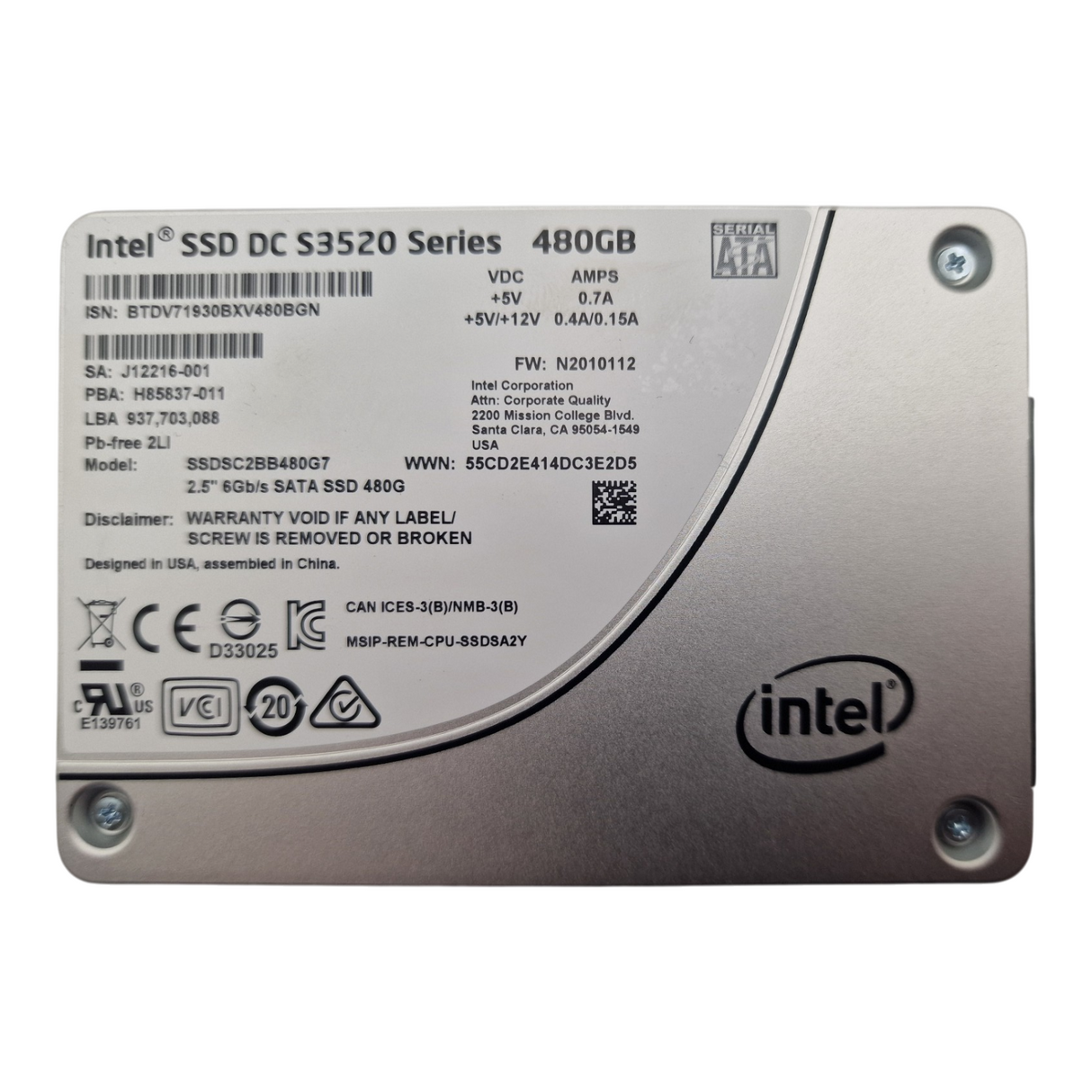 Intel S3520 480GB 6G SATA MLC Mixed Use 2.5" SFF SSD SSDSC2BB480G7