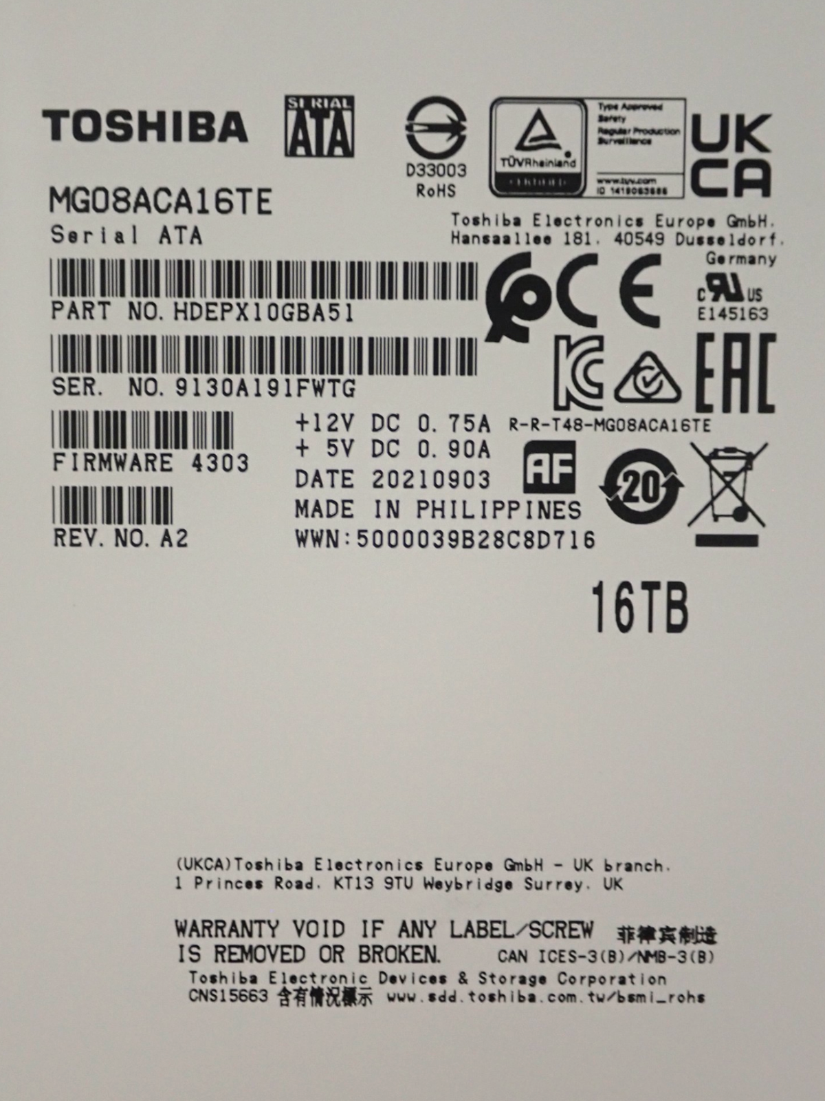 Toshiba 16TB 3.5" 7.2K SATA 6G 512mb LFF Enterprise Hard Drive HDD MG08ACA16TE