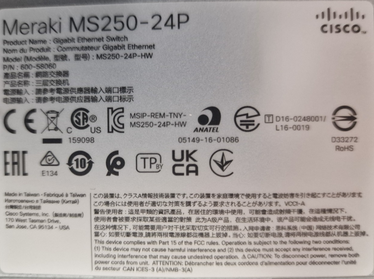 Cisco Meraki MS250-24P-HW 24x 1GbE PoE+ 4x 10Gb SFP+ Layer 3 Cloud Switch