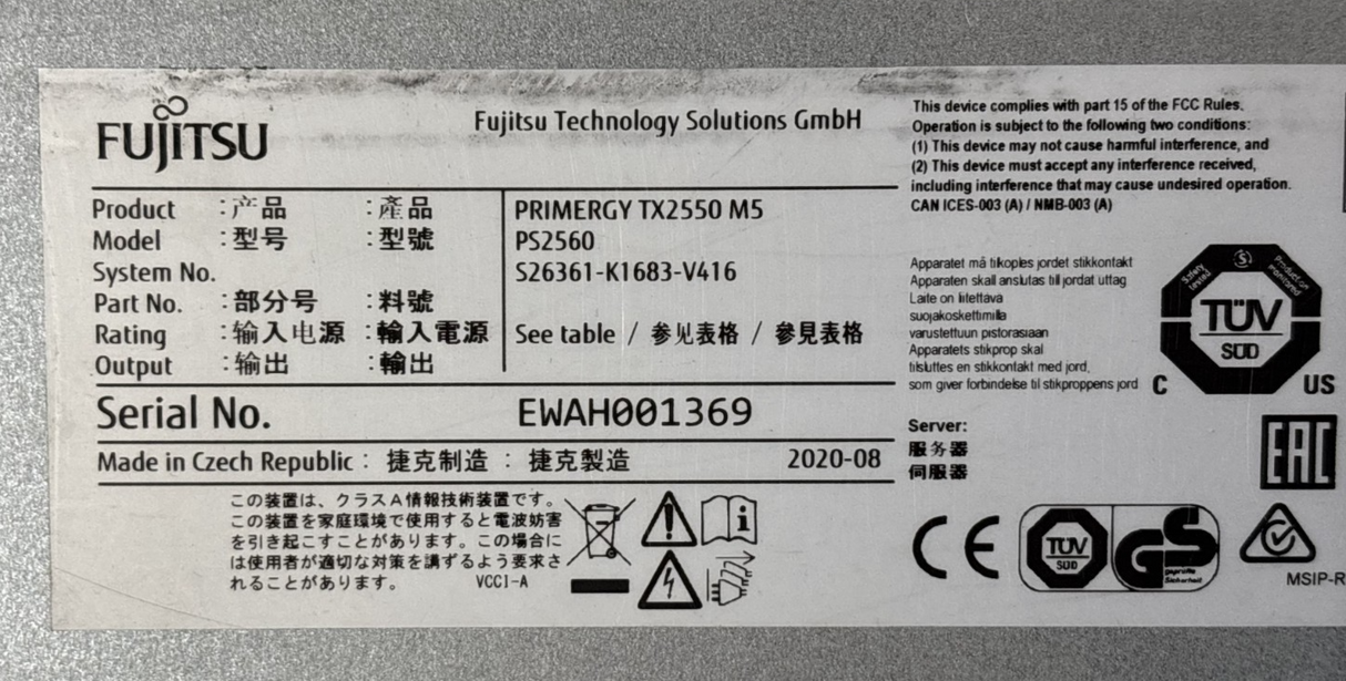 Fujitsu Primergy TX2550 M5 2 x Gold 6210U 128GB RAM 5 x 1.2TB (6TB) Rack Server