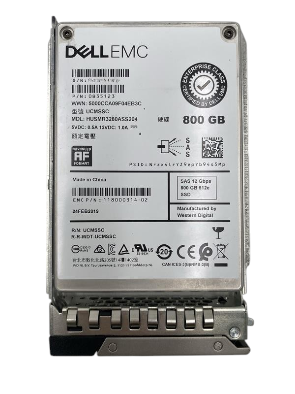 Dell EMC 800GB 12G SAS MLC MU RI 512e 2.5" SFF SSD + Caddy 118000314-02 0B35123