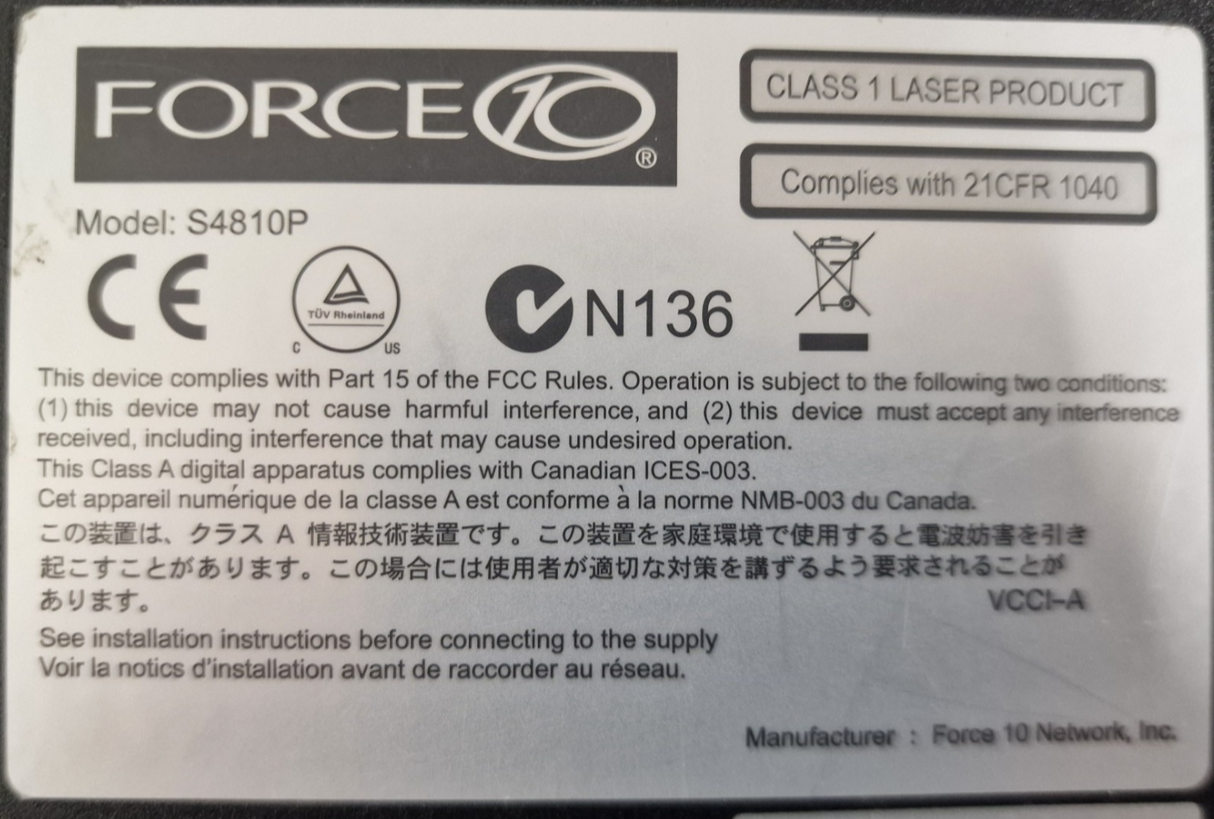 Dell Force10 S4810 48x 1/10GbE SFP+ 4x 40GbE QSFP+ Managed Switch OS9.1