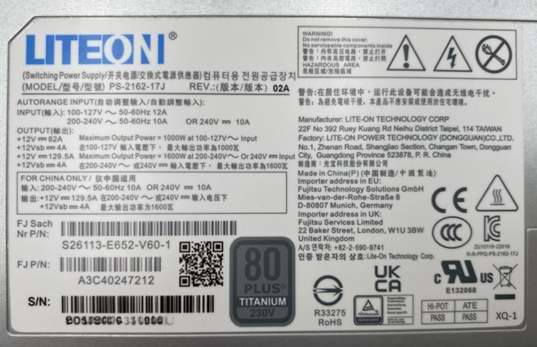 NEW Fujitsu 1600W Titanium Hot Plug Redundant PSU - S26113-E652-V60 A3C40247212