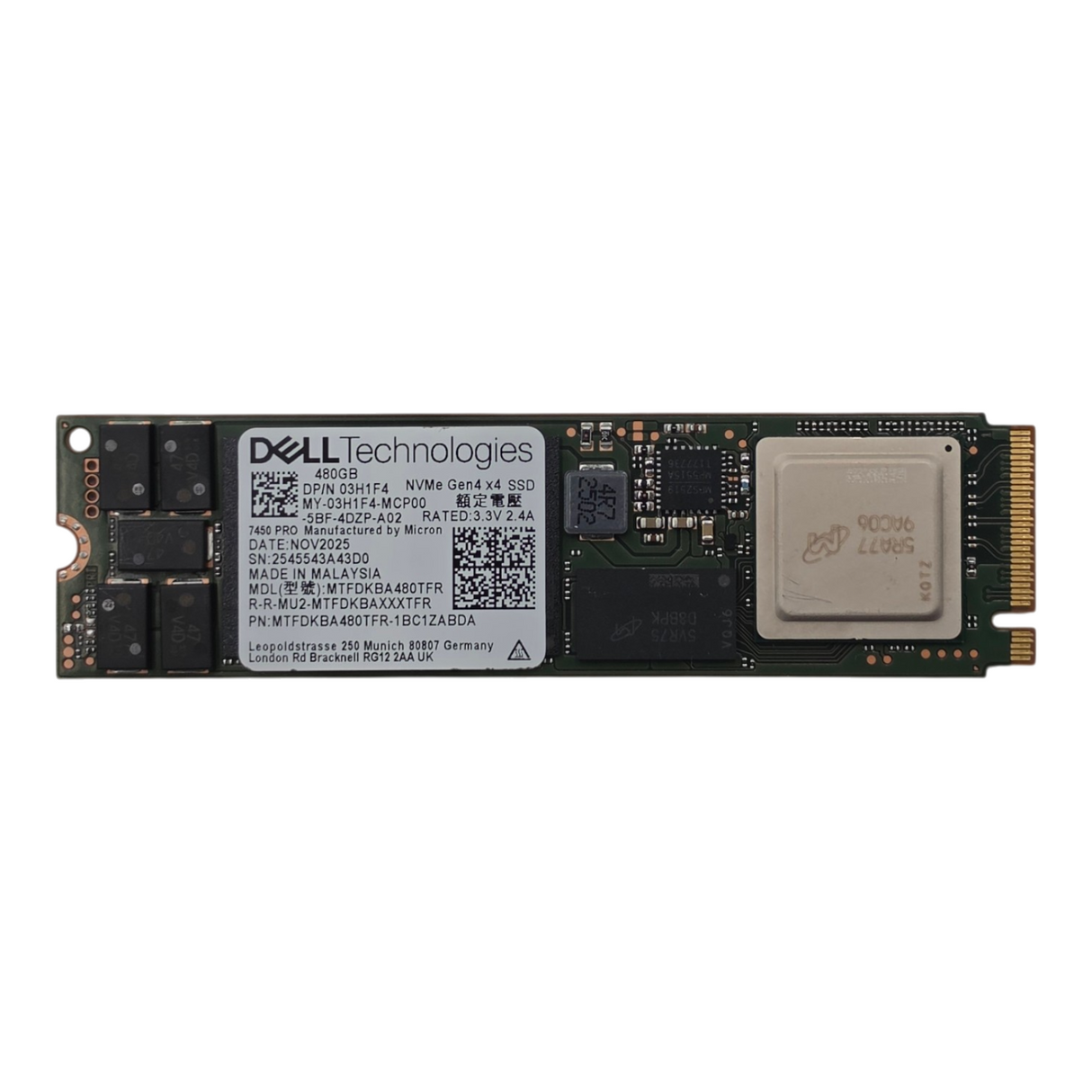NEW Dell 3H1F4 480GB NVMe PCIe Gen4 x4 M.2 2280 RI Enterprise SSD MTFDKBA480TFR