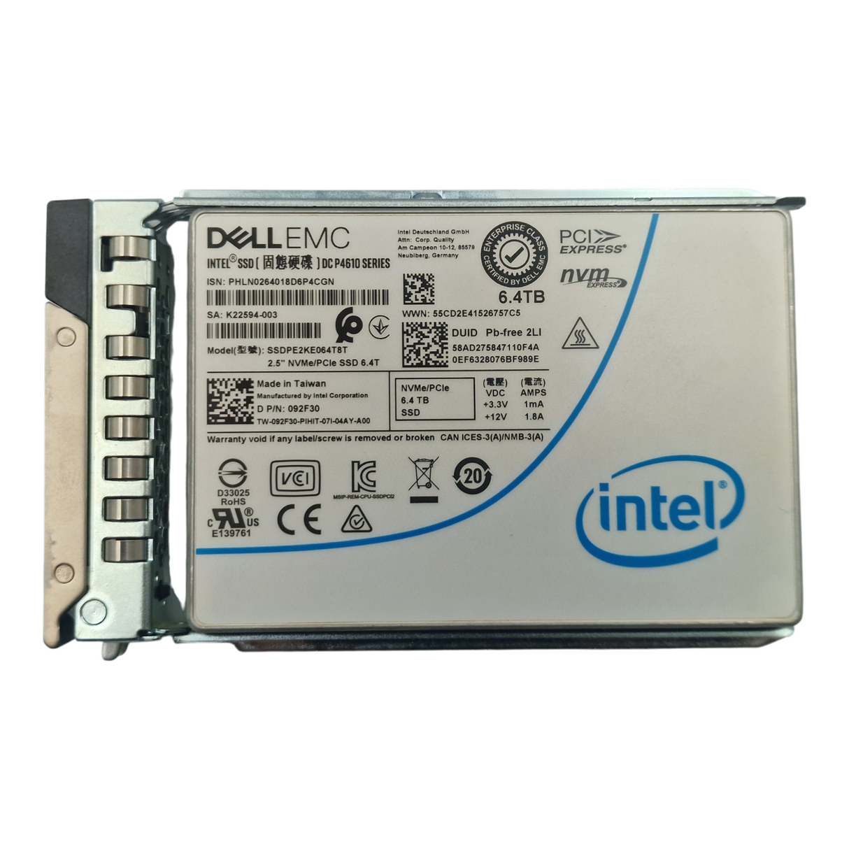 Dell 6.4TB U.2 PCIe 3.1 x4 NVMe MU TLC SSD 92F30 SSDPE2KE064T8T + G14-17 Caddy