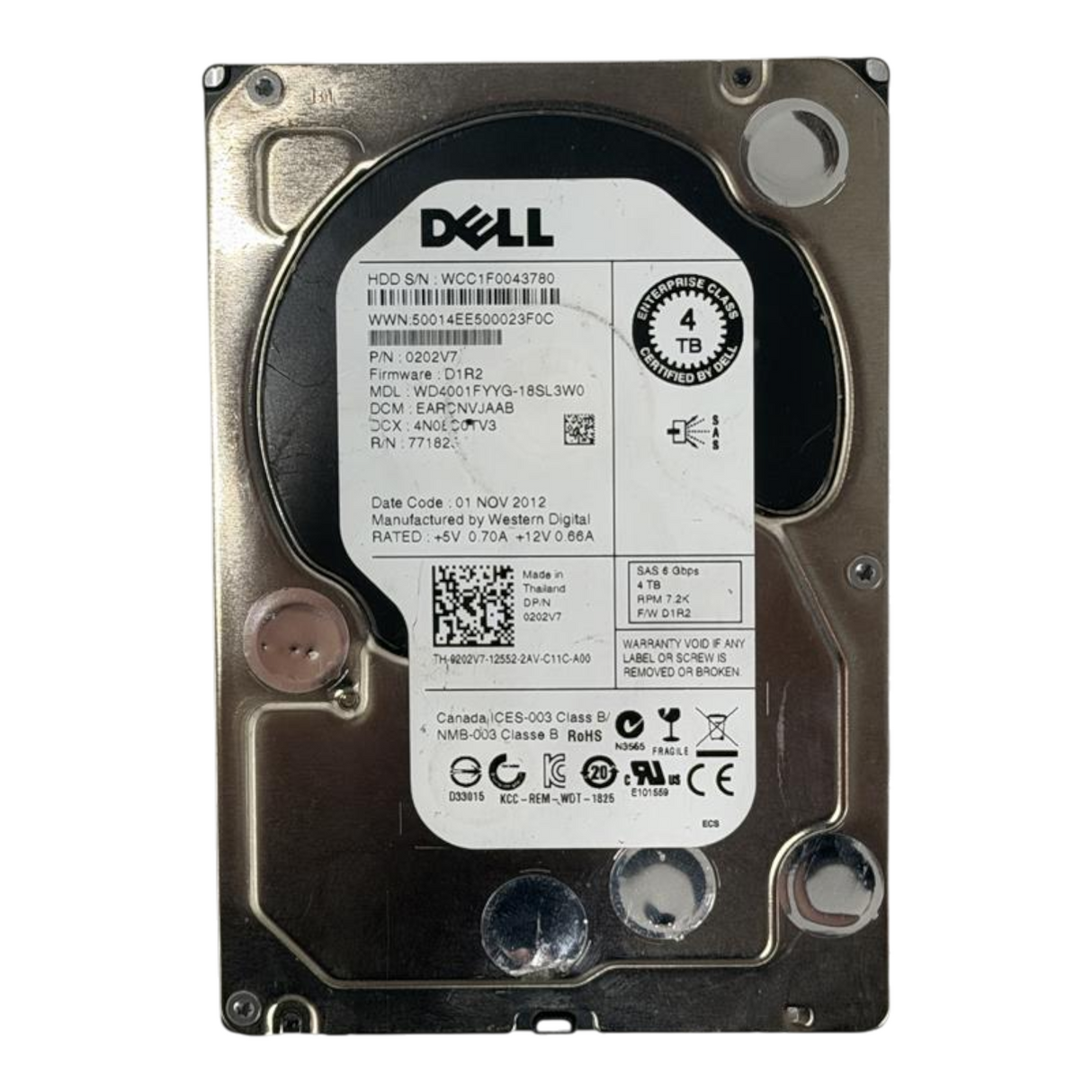 Dell 4TB 7.2K SAS 6G Hot Swap Enterprise Class 3.5" HDD 202V7 WD4001FYYG
