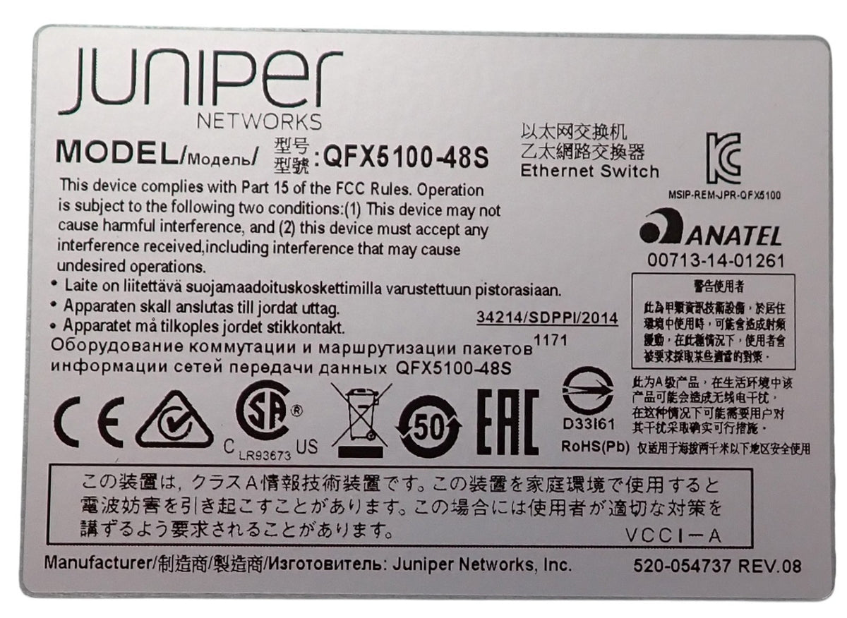 Juniper QFX5100-48S-6Q 48x 1/10Gb SFP+ + 6x 40GbE QSFP Port B2F L3 Switch 2x PSU