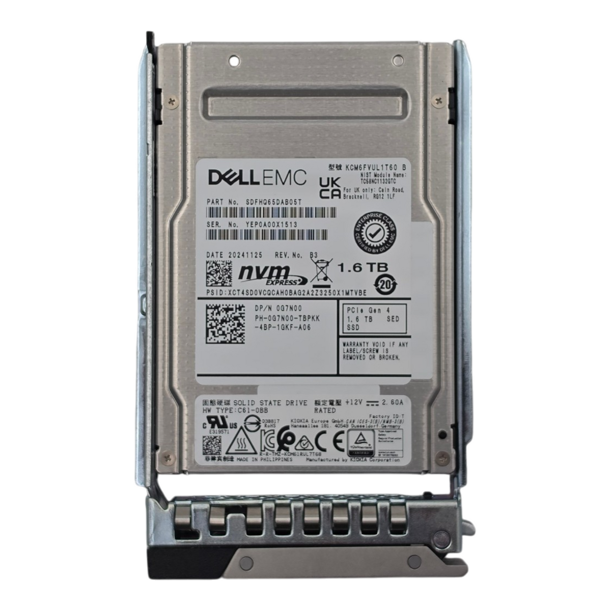 Dell G7N00 1.6TB NVMe PCIe U.2 Gen4 Mixed-Use MU TLC 2.5" SFF SSD KCM6FVUL1T60