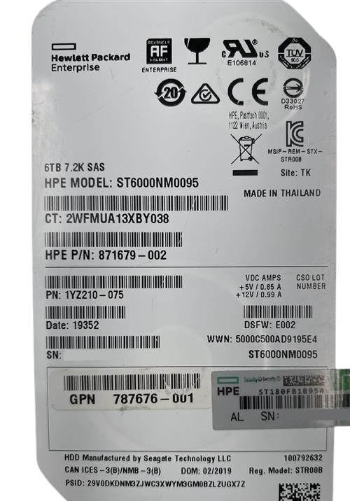 HPE MSA Seagate Exos 7E8 6TB 7.2K 12G SAS 3.5" HDD Hard Drive + Caddy J9F43A