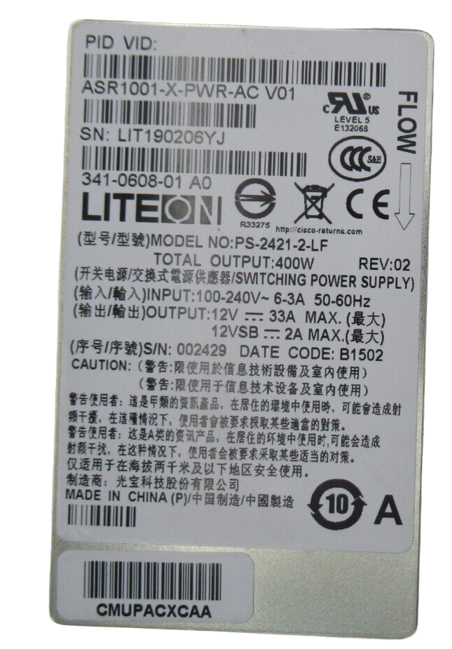 Cisco ASR1001-X Router 400W AC Power Supply ASR1001-X-PWR-AC PSU 341-0608-01