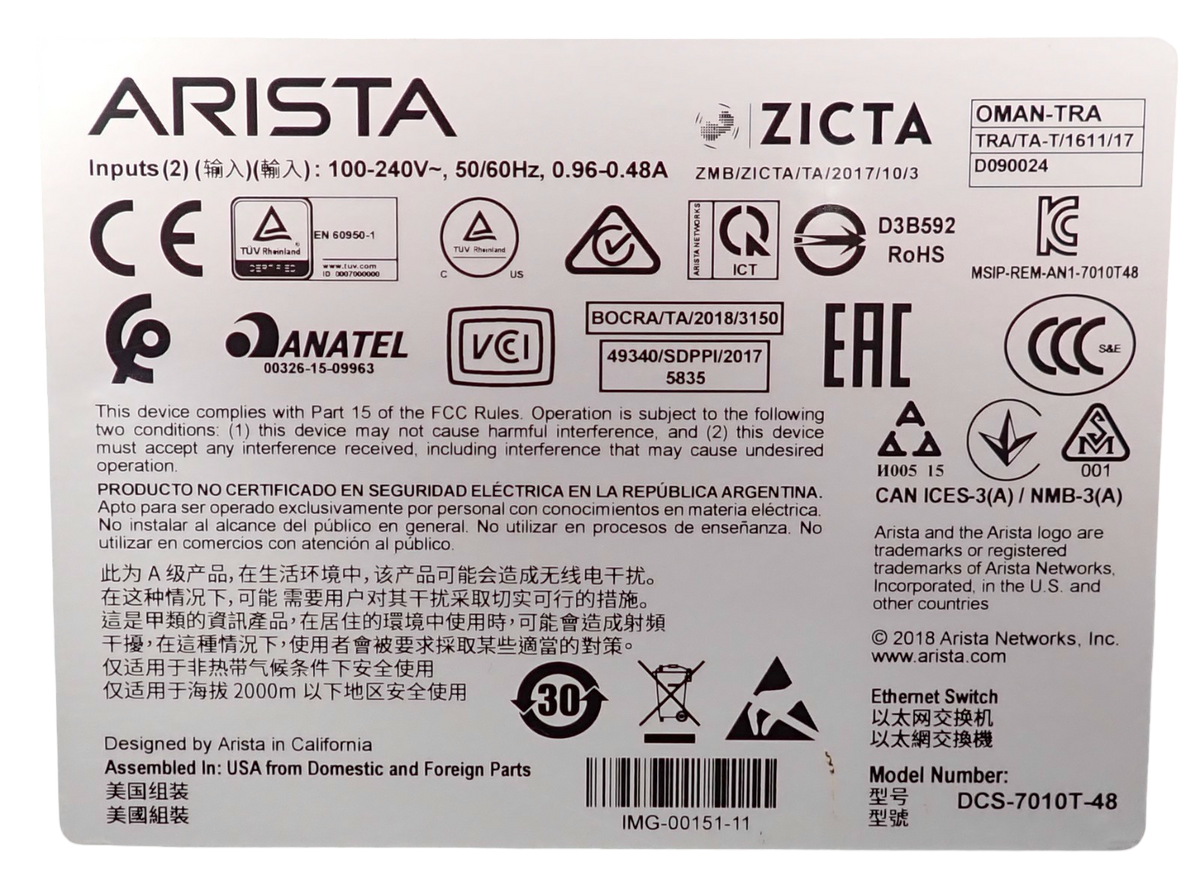 Arista 7010T-48 48x 1GbE RJ45 + 4x 1/10GbE SFP+ Port RA DCS-7010T-48-R Switch