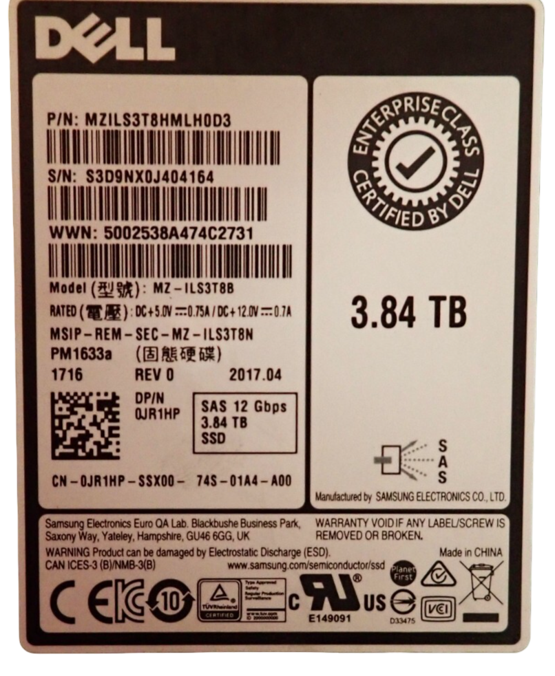 NEW Dell 3.84TB 2.5" SAS 12G RI SSD JR1HP MZILS3T8HMLH0D3 PM1633a