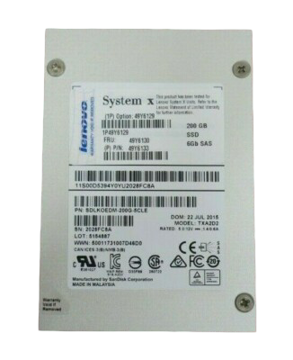 Lenovo System X 200GB SAS 6Gb 2.5" Solid State Drive SSD 49Y6133 49Y6130 TXA2D2