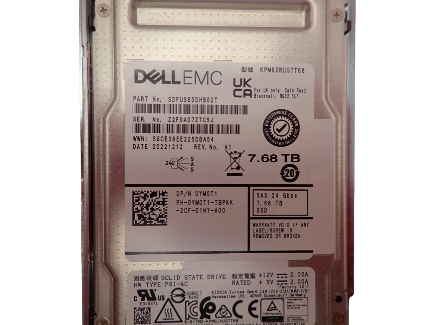 Dell 7.68TB SAS 24G RI 2.5" SSD Drive YM0T1 KPM6XRUG7T68 + 14th - 17th Gen Caddy