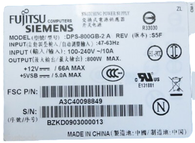 FUJITSU DPS-800GB-2 A POWER SUPPLY 800W 240V 10A 47-63Hz TX200 S5 A3C40098849