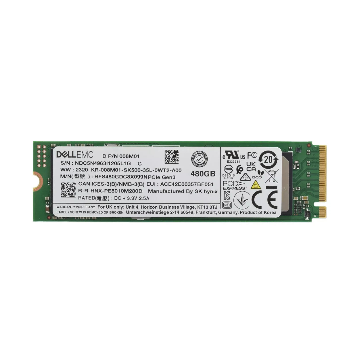 Dell SK Hynix 480GB PCIe 3.0 NVMe RI M.2 2280 SSD - 08M01 HFS480GDC8X099N