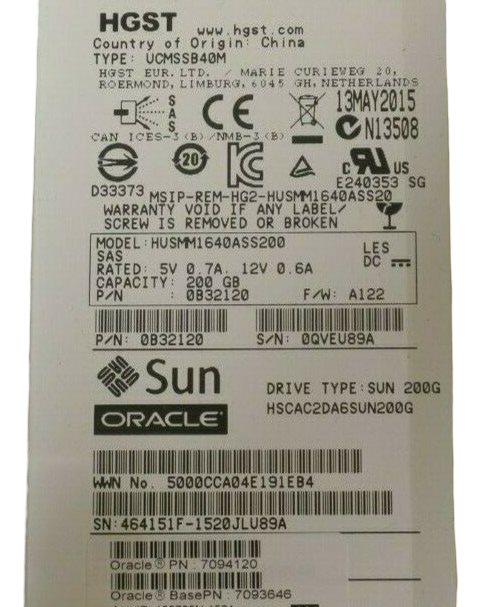 Oracle Sun 200GB 3.5" SAS 12Gbs MLC SSD Server Solid State Drive 7094120 7093646