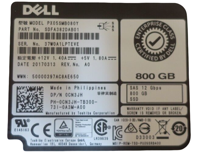 Dell Enterprise 800GB 12Gb/s 12G SAS 2.5" WI Solid State Drive SSD CN3JH 0CN3JH