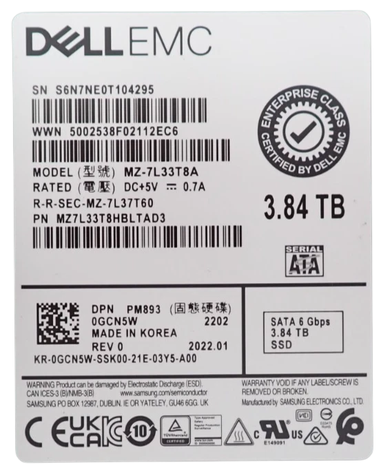 Dell 3.84TB SATA 6Gb/s 2.5" RI SSD MZ-7L33T8A GCN5W + 14/15/16th Gen Caddy